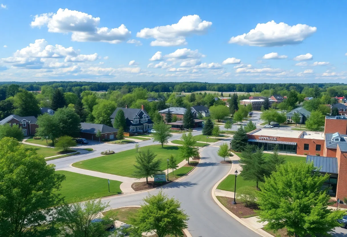 View of a charming neighborhood in Simpsonville, SC with vibrant greenery and homes.