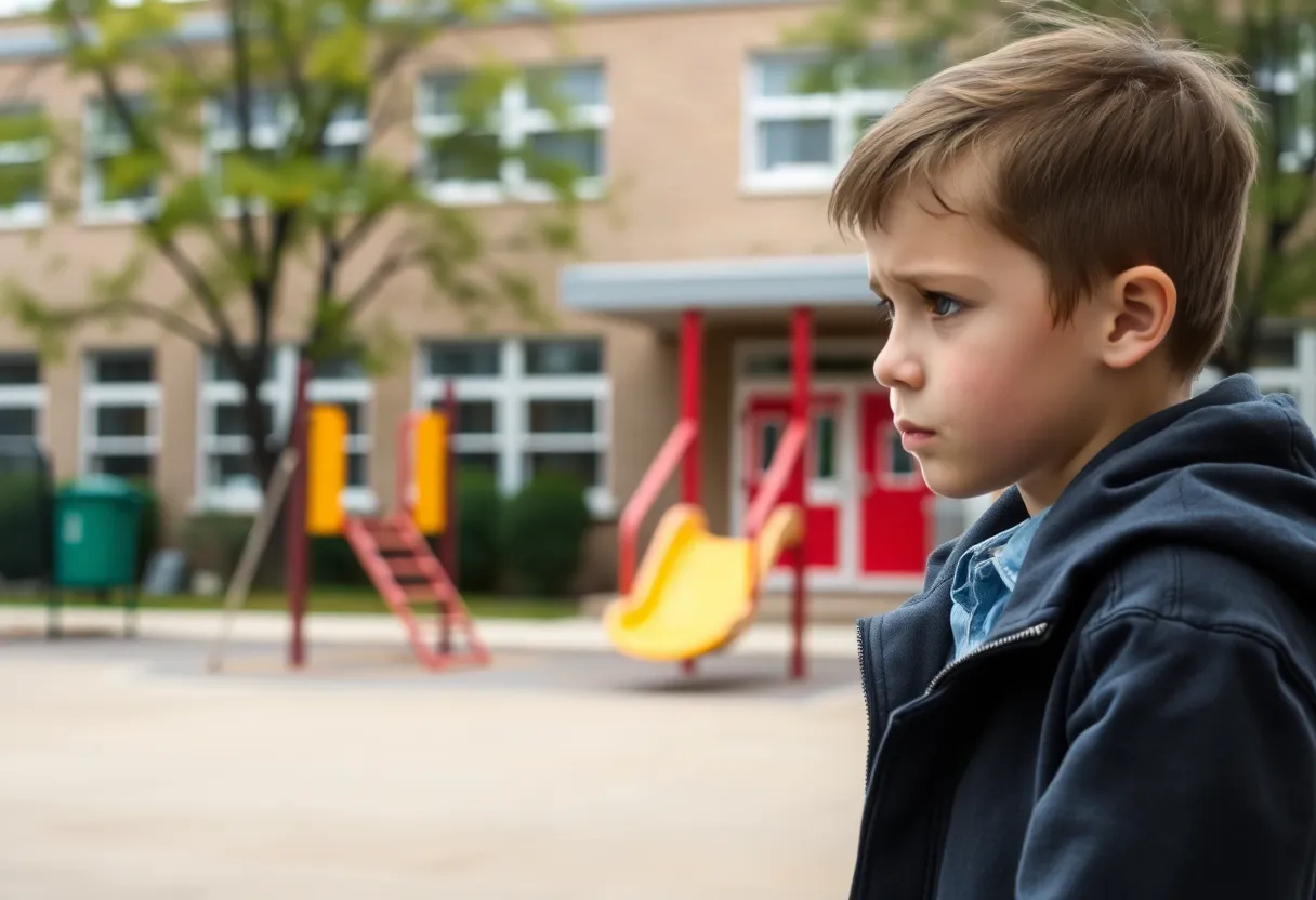 Empty playground and school buildings representing a serious issue in education.