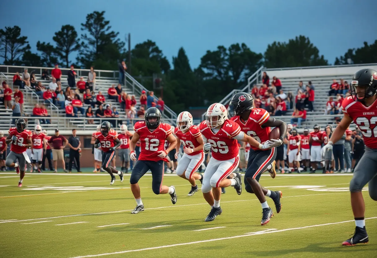 High school football players in action during a game in South Carolina