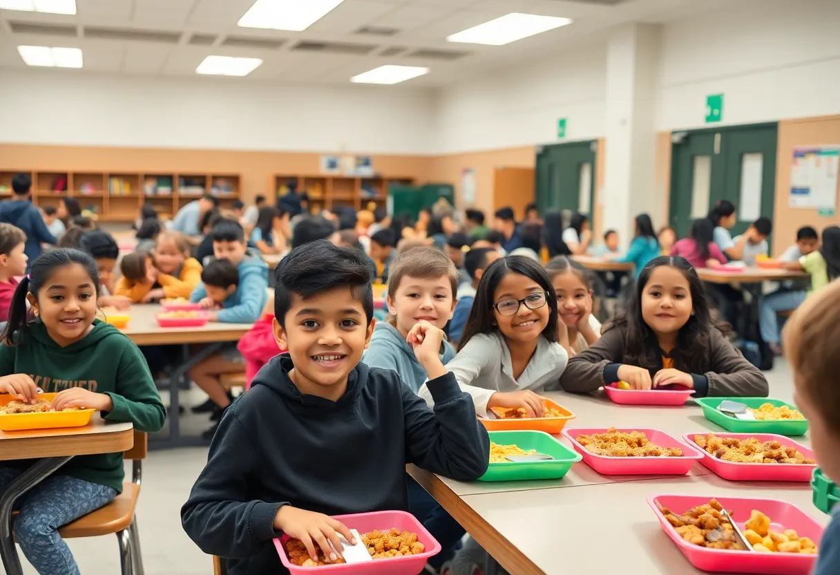 Diverse students in a school cafeteria enjoying free healthy lunch