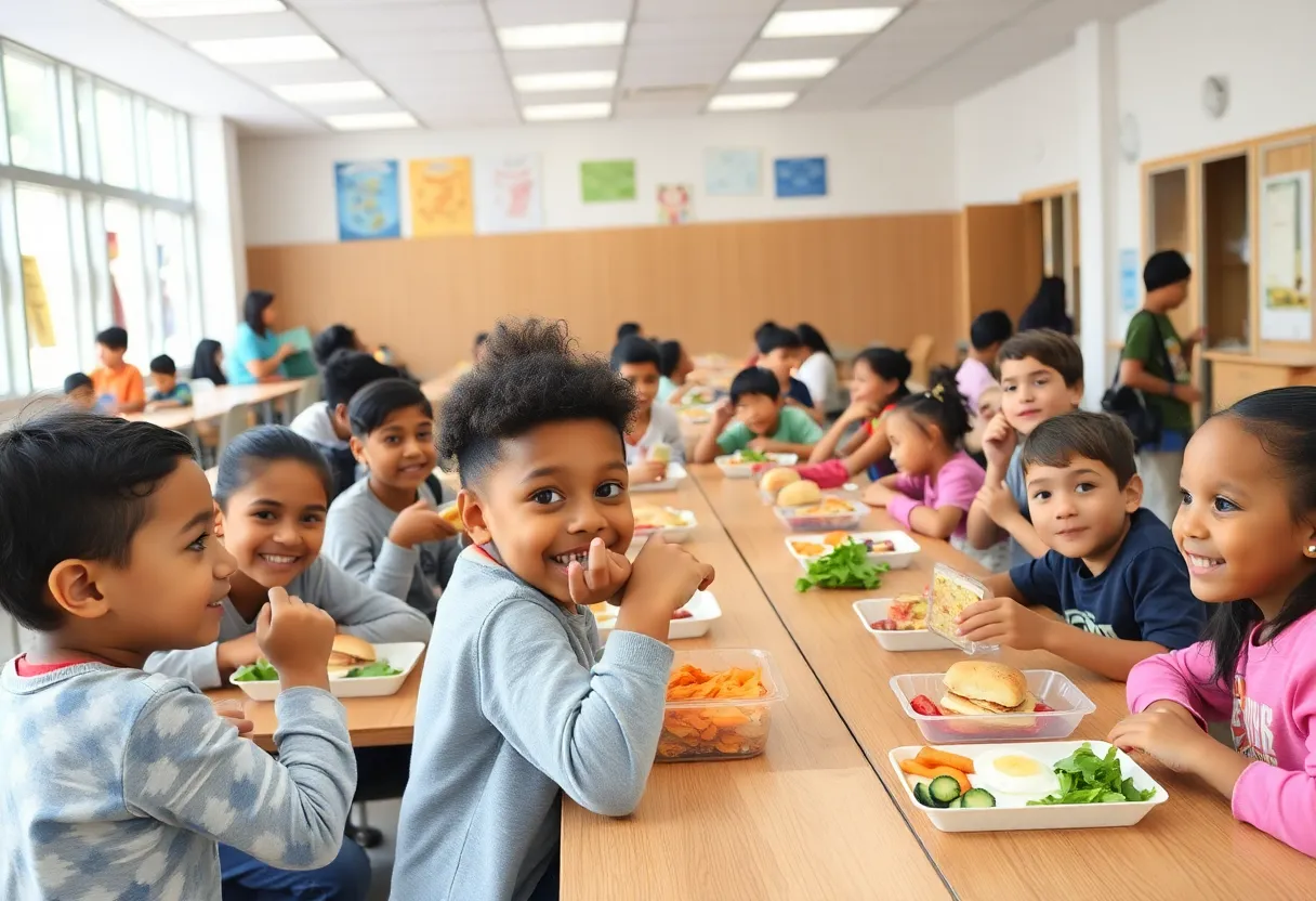 Students in a cafeteria enjoying healthy free lunches