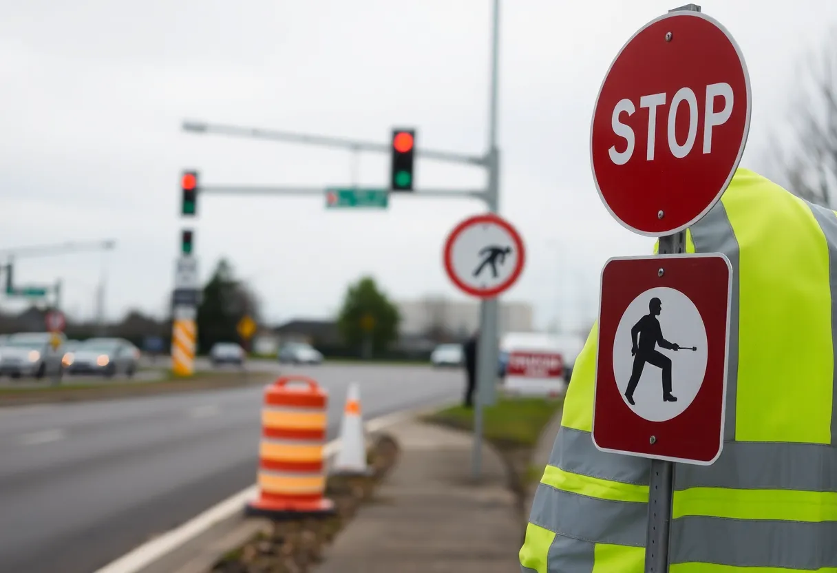 Reflective safety gear on a roadside with traffic signs