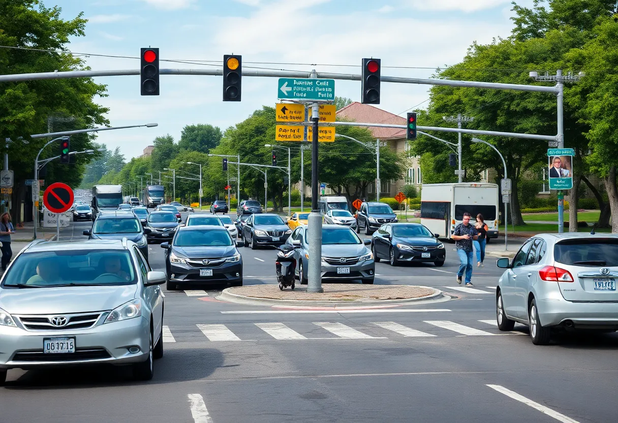 A busy intersection in Taylors, SC, with traffic cones and signs to ensure pedestrian safety.