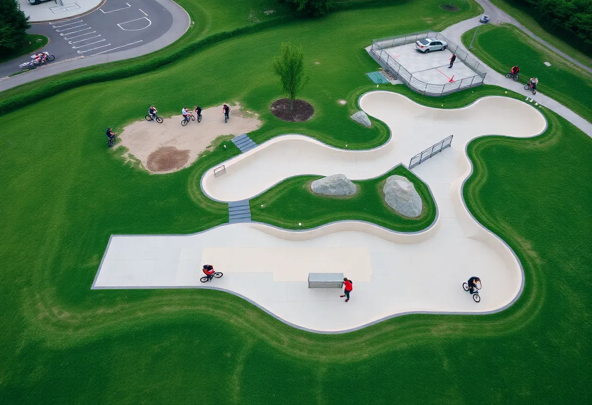 Wheelsports park with skateboarders and cyclists in Greenville