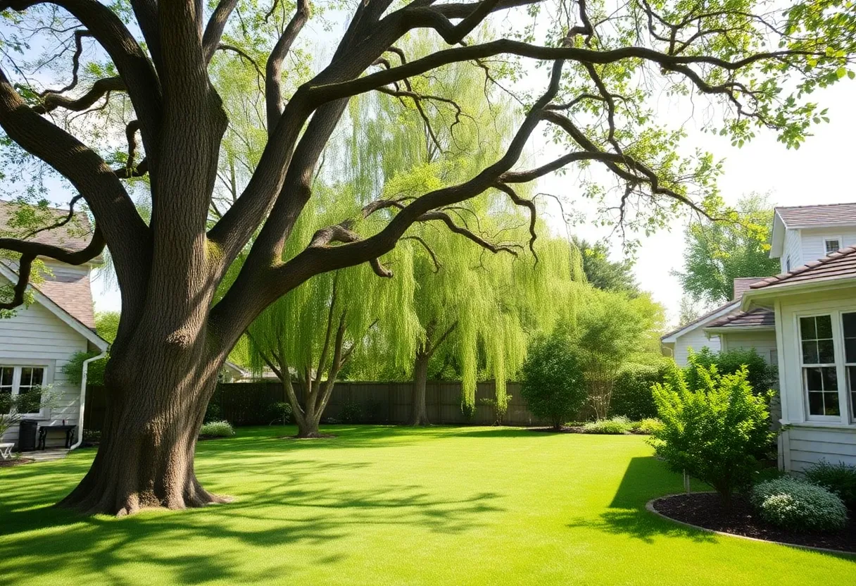 A backyard with large trees, exemplifying tree safety concerns for children.