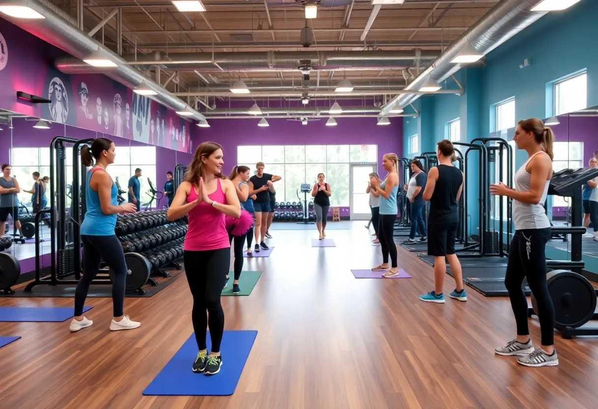 A lively gym scene in Greenville, SC with beginners participating in various fitness classes.