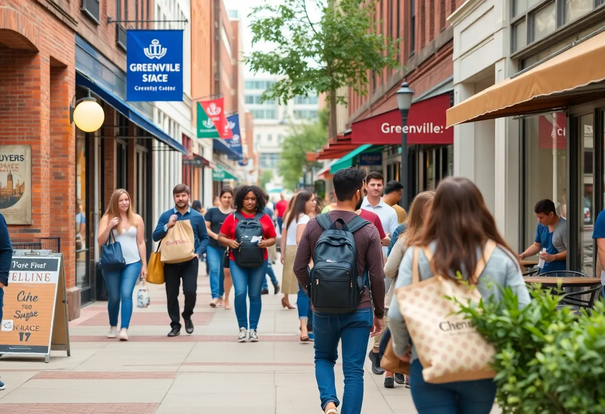 A bustling street in Greenville, South Carolina filled with students and visitors exploring job opportunities.
