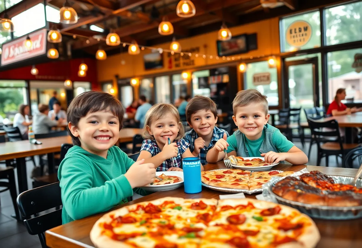 Families enjoying meals at a restaurant in Greenville