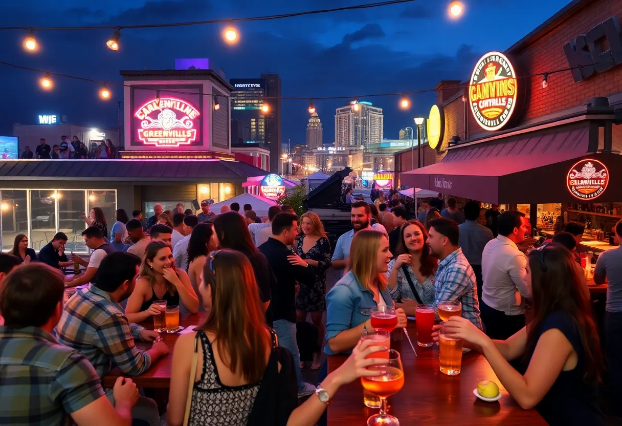 A busy rooftop bar in Greenville with people enjoying craft drinks and live music.