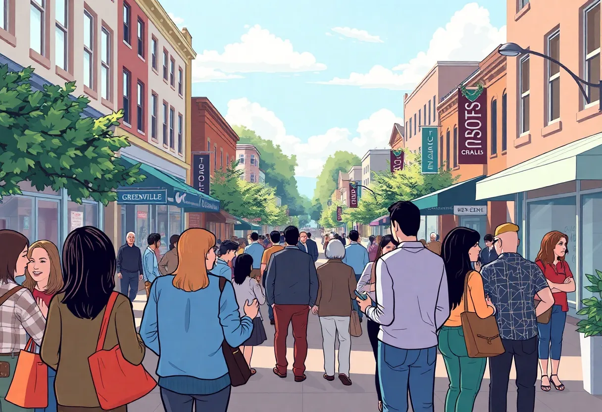 A busy street in Greenville showcasing job seekers networking and applying for jobs.