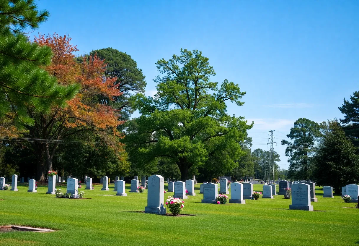 A peaceful cemetery landscape in Greenville, South Carolina with trees and flowers.