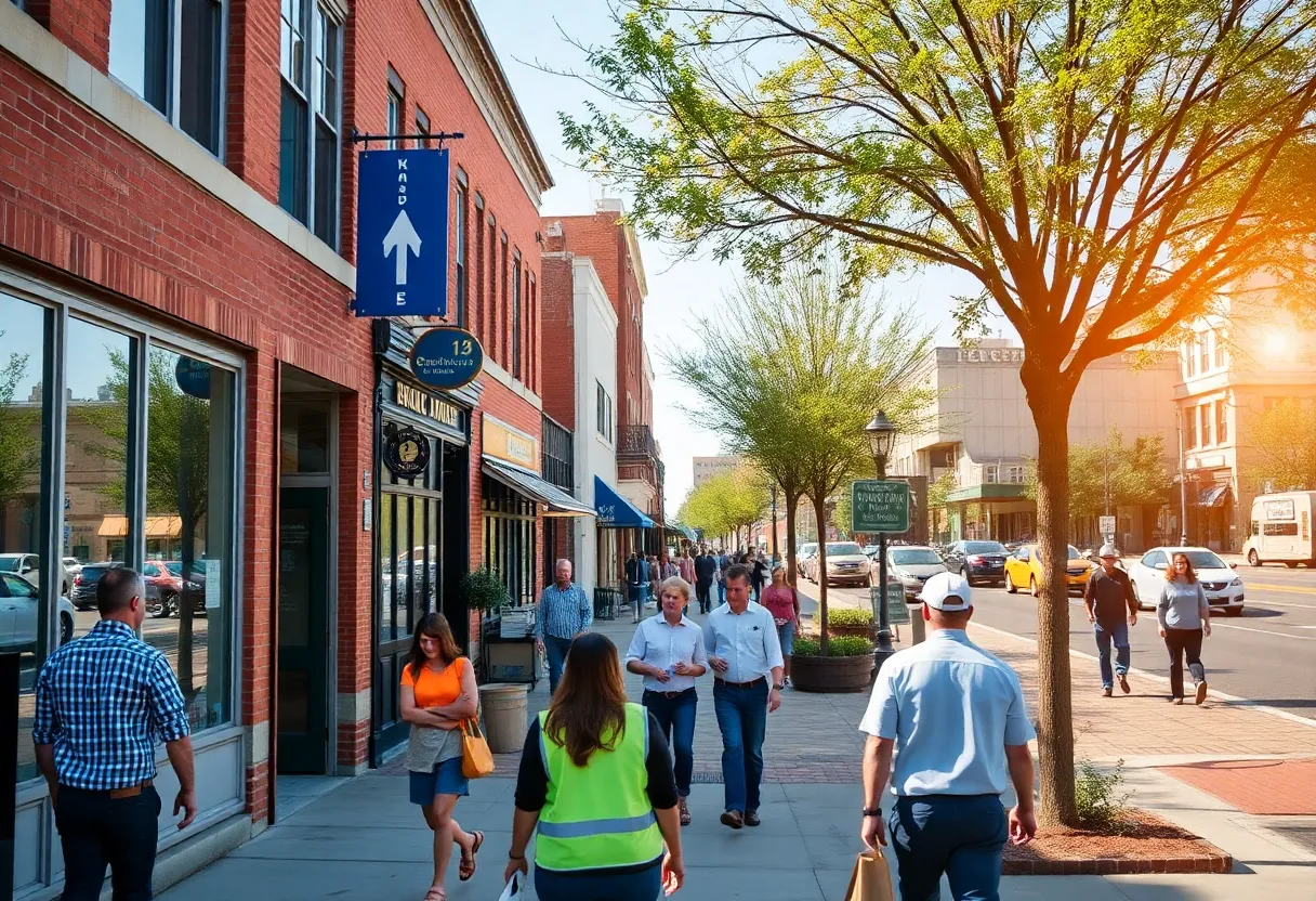 An outdoor view of Greenville with people working and engaging in job search activities.