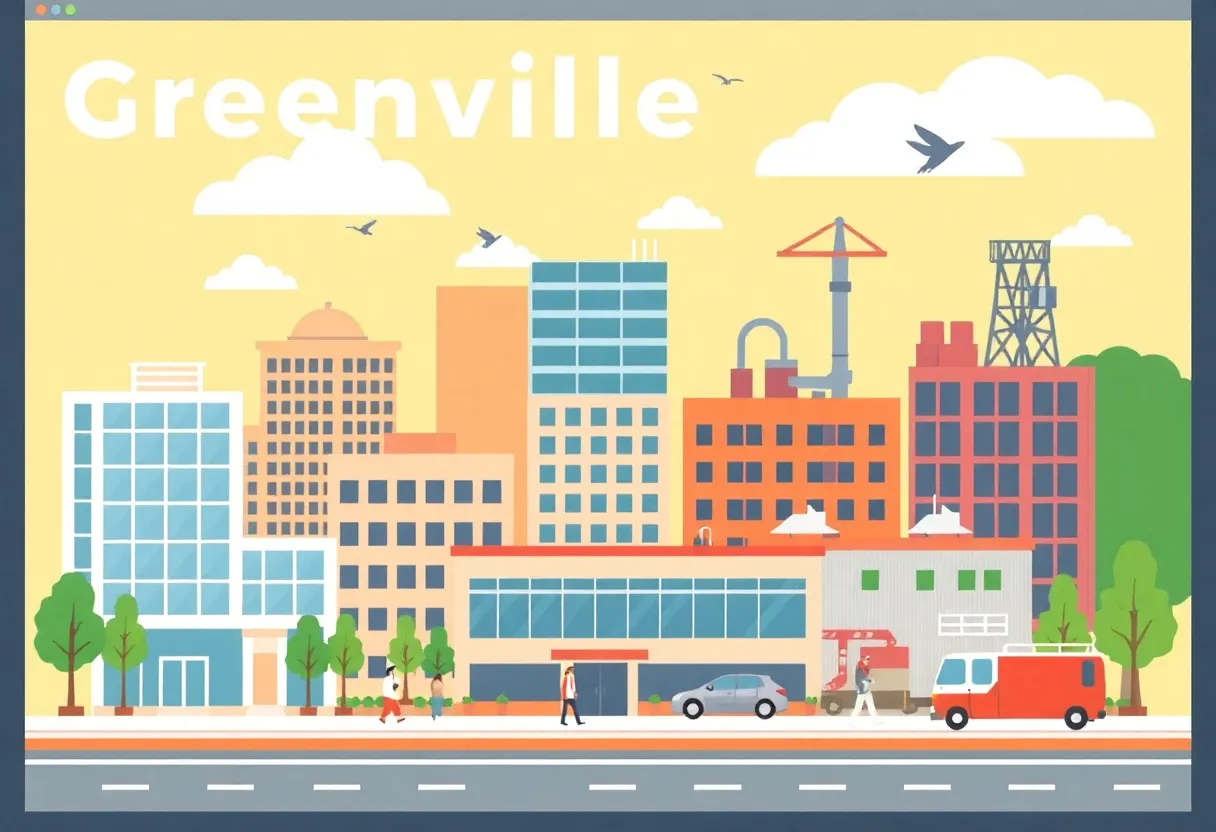 A depiction of the job market in Greenville showcasing office buildings and healthcare settings.