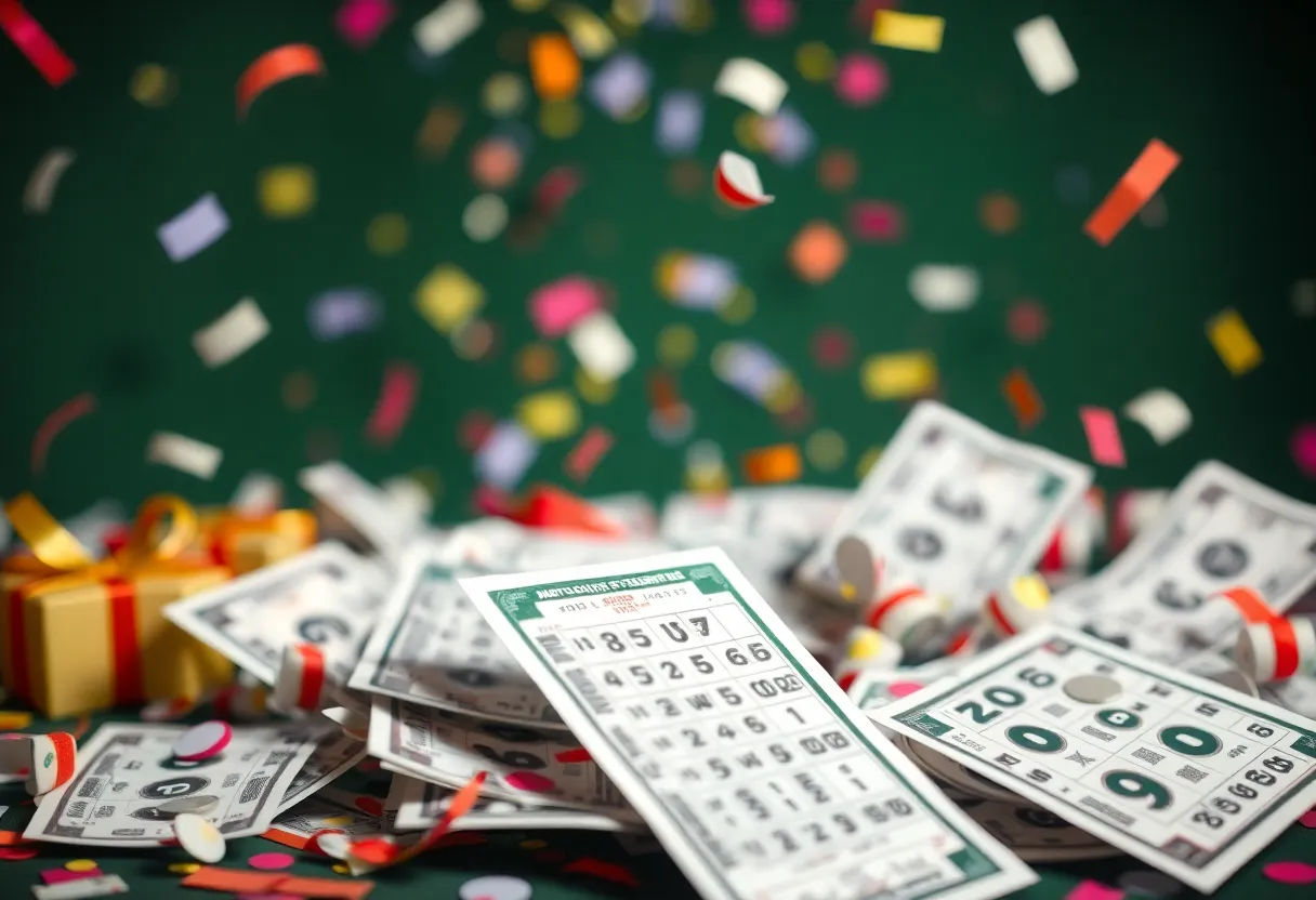 Celebration of lottery winnings with festive elements