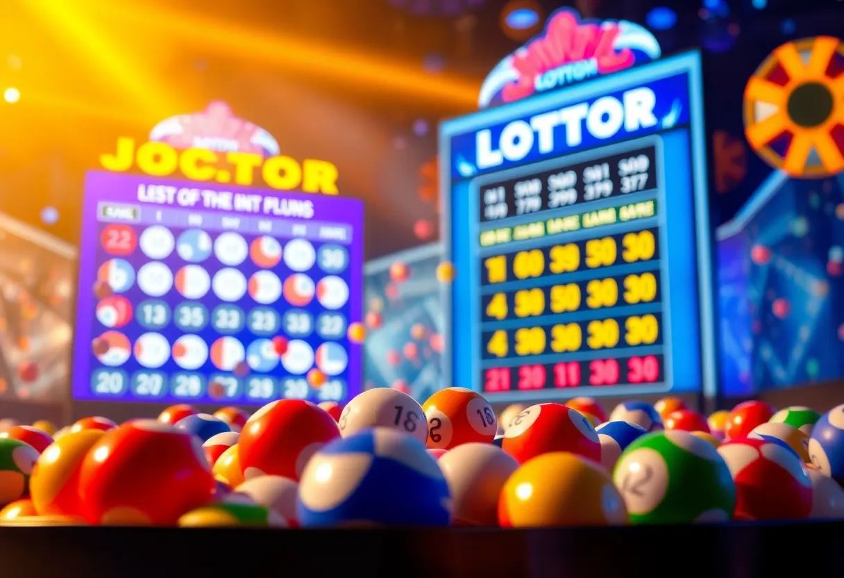 Lottery drawing setup featuring colorful balls and jackpot display