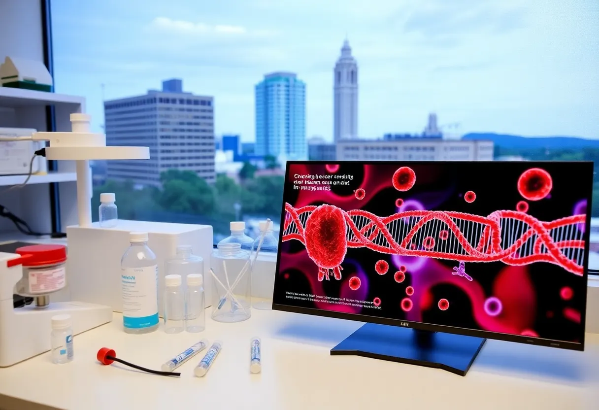 Illustration of cancer research concepts displayed alongside Greenville landmarks.