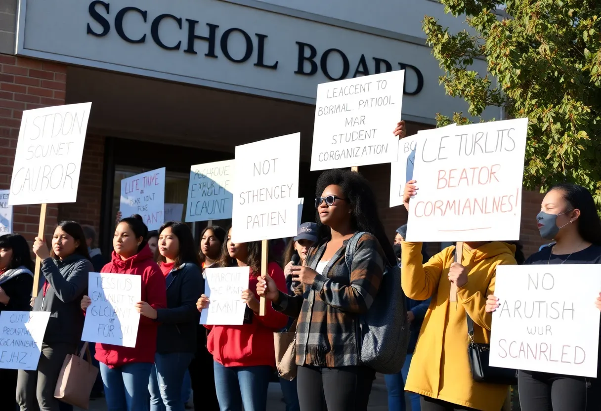 Community activists protesting for educational policy changes outside school district office