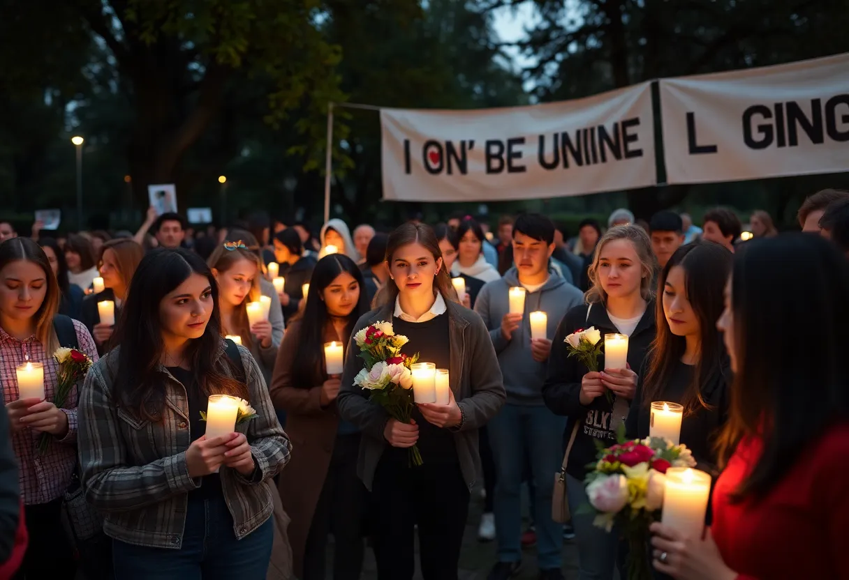 Community members gather at a vigil holding candles in remembrance of Charlie Kirk