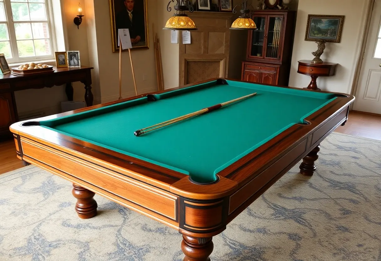 A rare J. M. Brunswick & Balke Co. 'Cat's Paw' pool table showcasing rosewood and walnut craftsmanship in a game room.