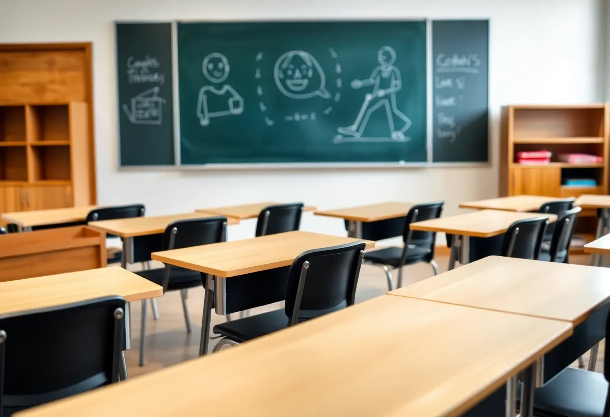Empty classroom representing the consequences of a teacher's firing