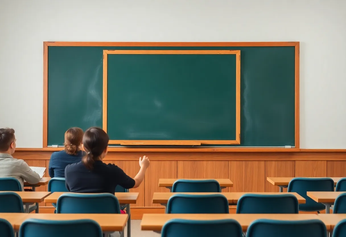 Empty classroom desk with social media symbols