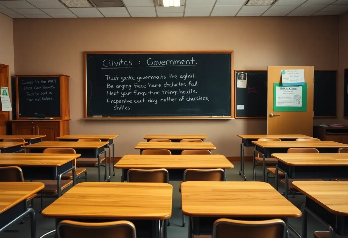 An empty classroom symbolizing educator controversies.