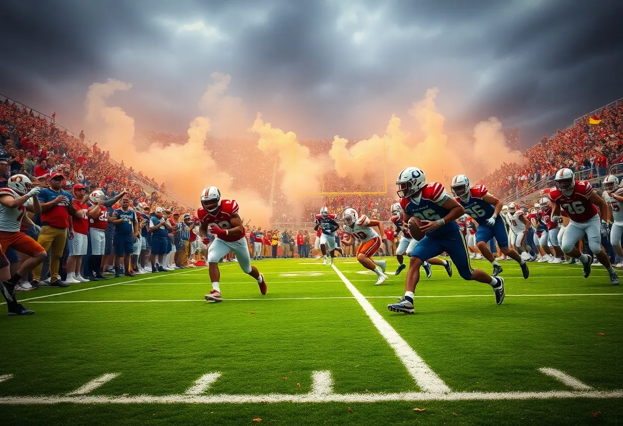 Dynamic action at a college football game with players and fans.