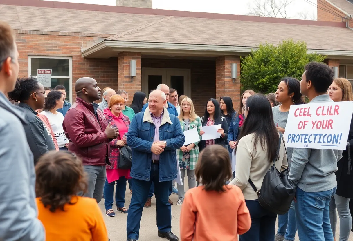 Community members discussing safety concerns outside a school
