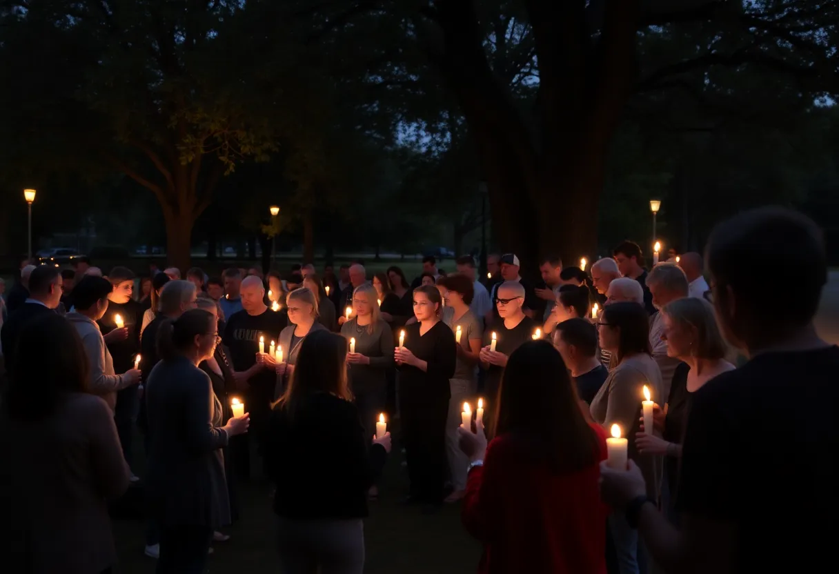 Community members holding candles at a vigil for gun violence victims