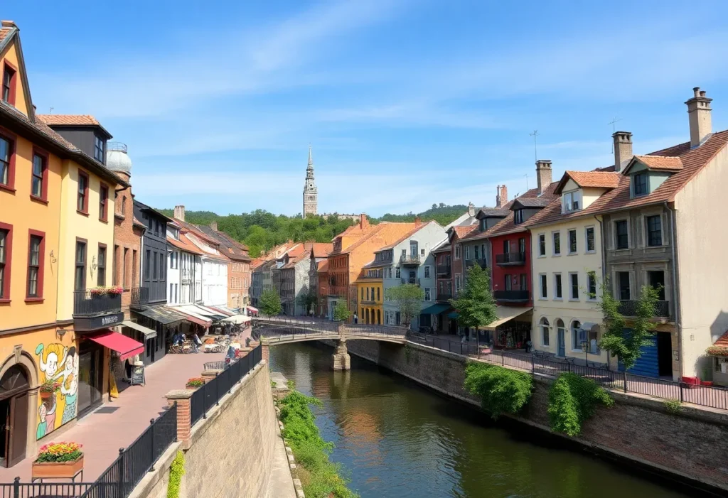 Scenic view of a charming downtown in South Carolina with beautiful architecture and a river