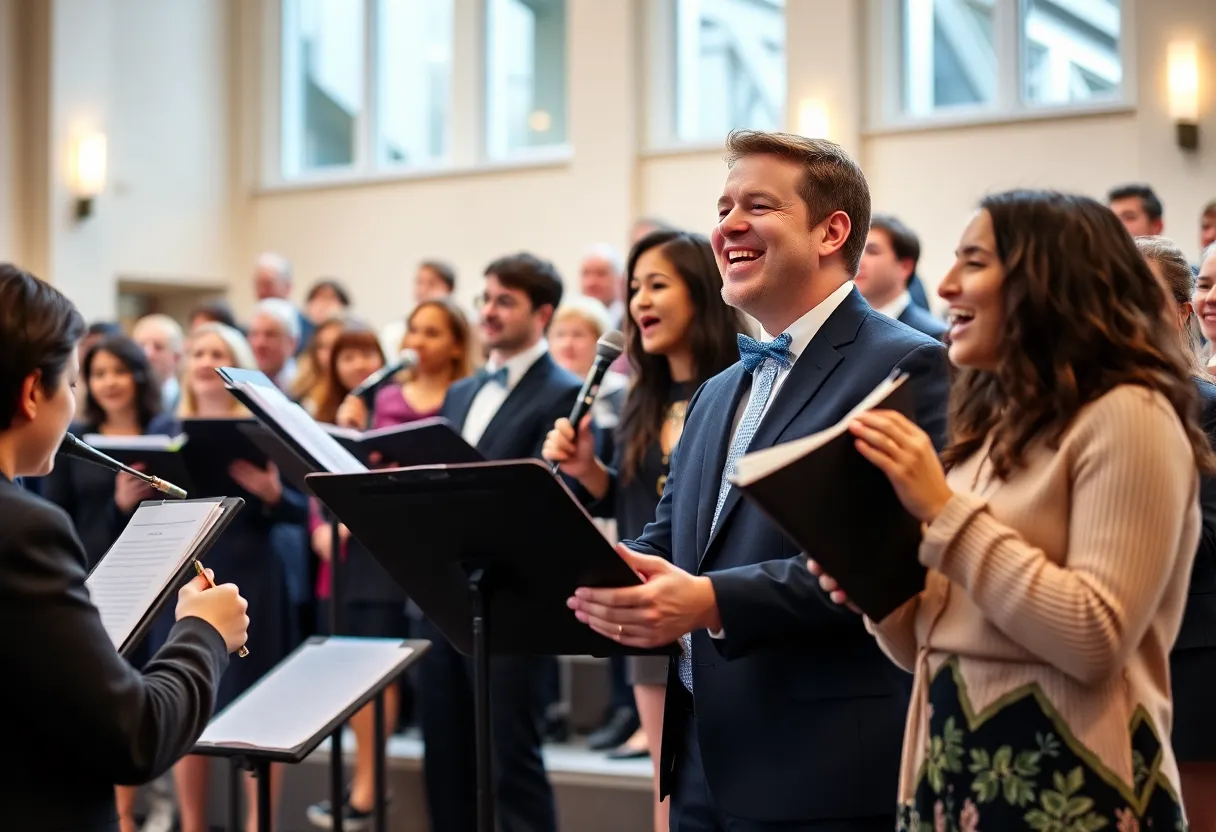 A concert performance at Bob Jones University featuring musicians from the Symphonic Wind Band and BJU Chorale.