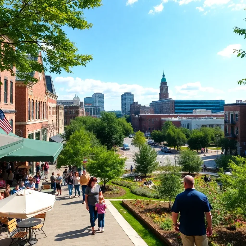 Tourists enjoying downtown Greenville with dining and events.