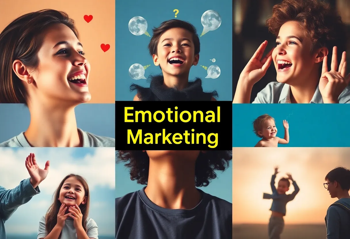 A collage depicting emotions in marketing, including joy, trust, fear, sadness, and anticipation.