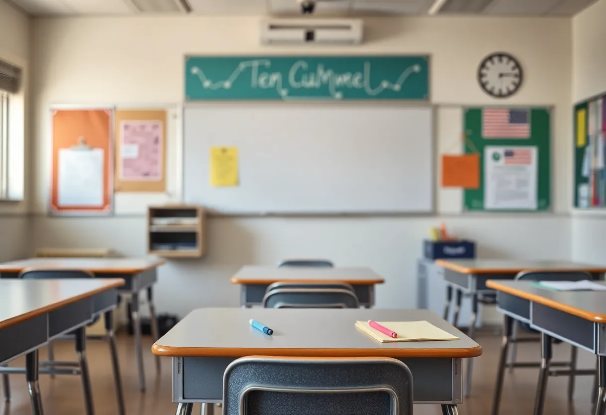 Empty classroom desk after a teacher's termination