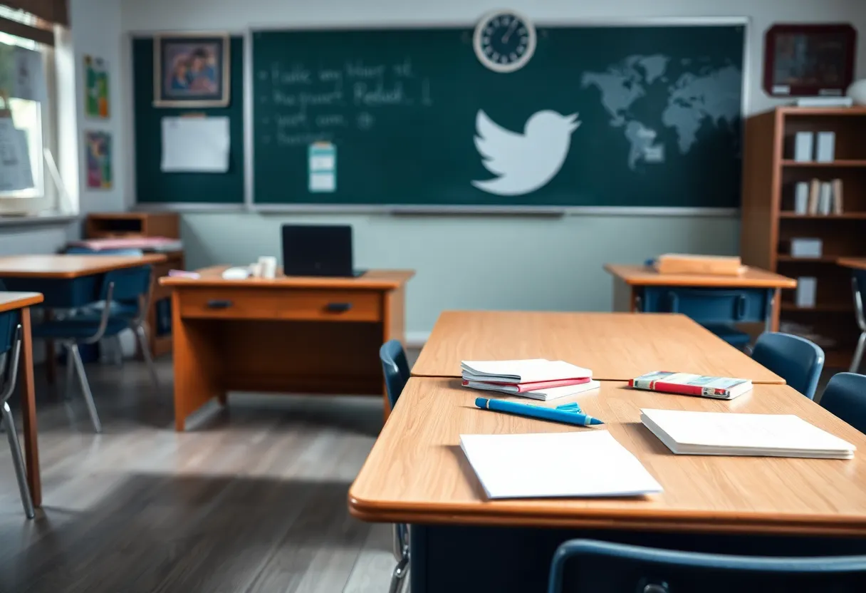 An empty classroom desk with educational materials symbolizing a teacher's termination.