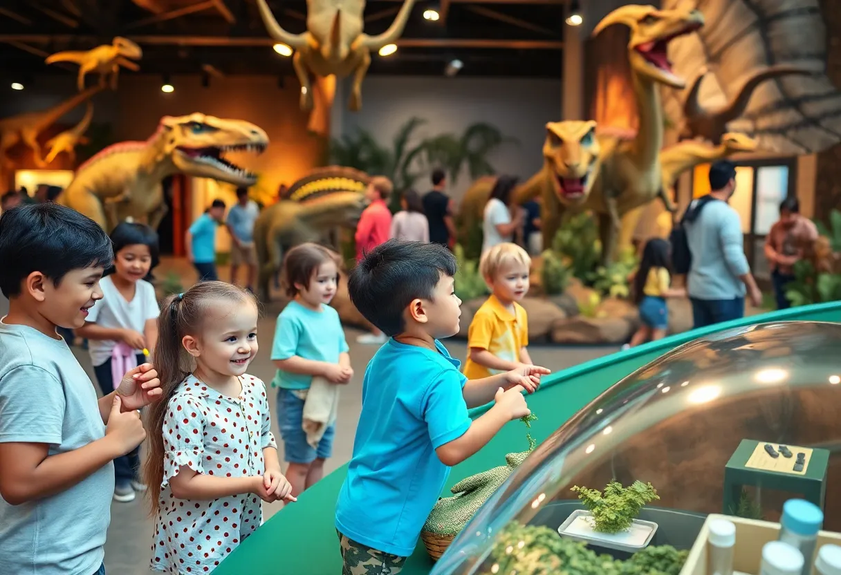Families exploring the dinosaur exhibit with children engaged in activities.