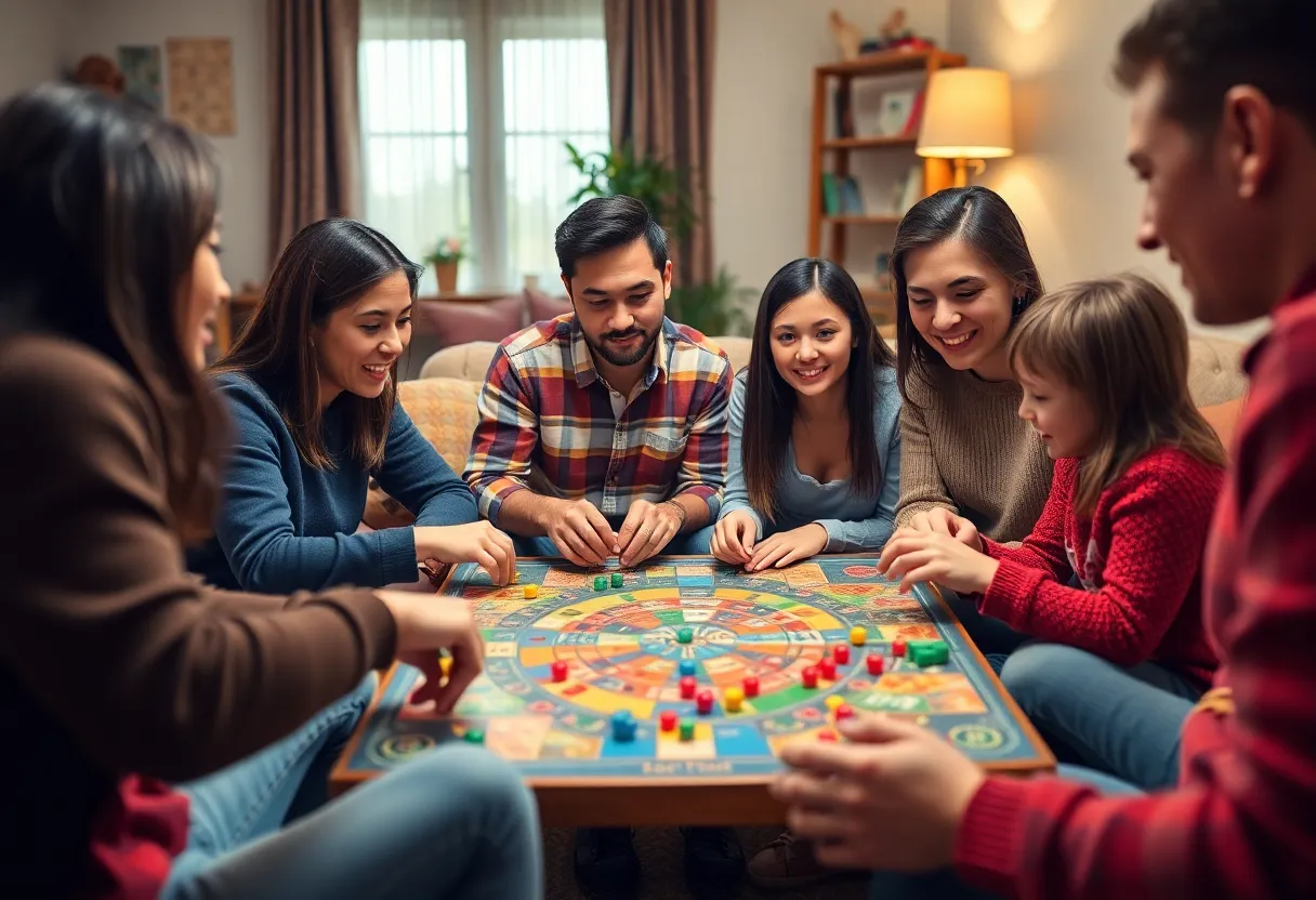 A family playing a board game in a cozy living room