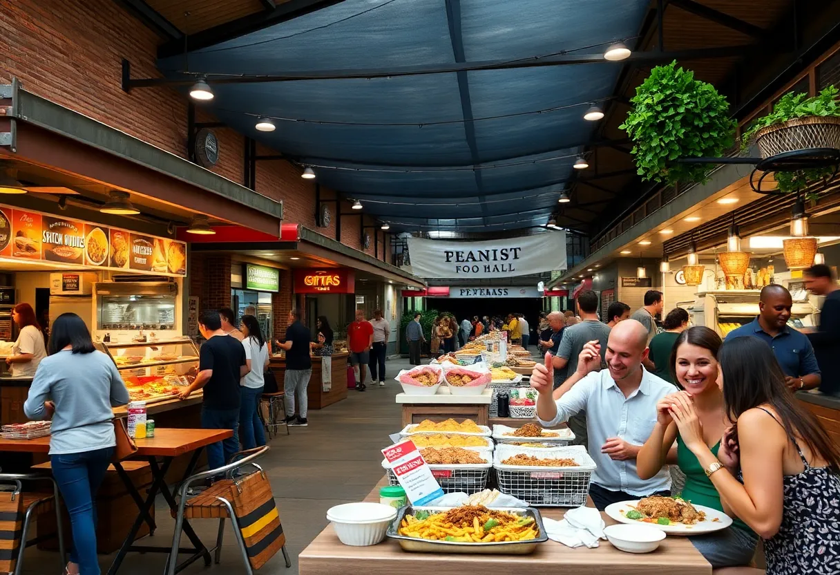 Visitors enjoying diverse food options at a food hall in Greenville SC