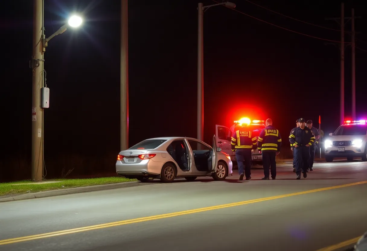 Emergency responders at a crash scene on a dark road