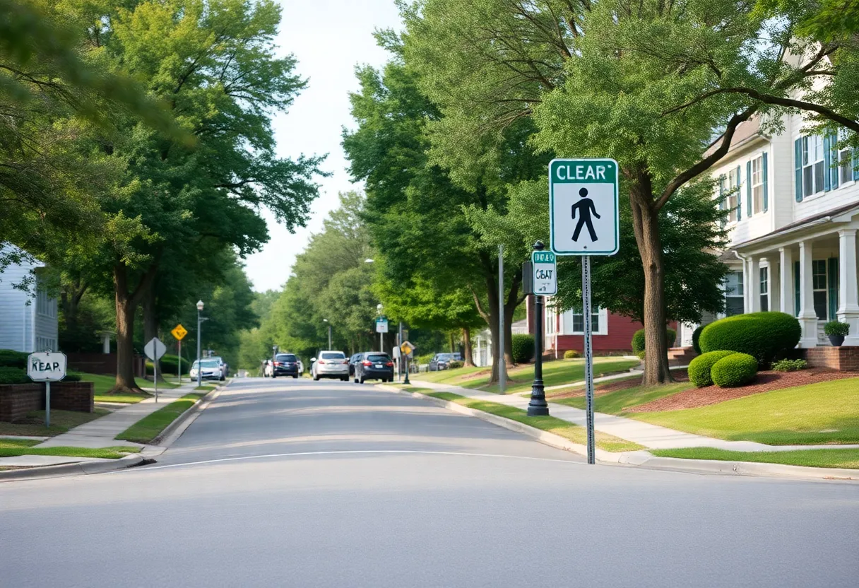 Quiet street in Greenville County emphasizing pedestrian safety.