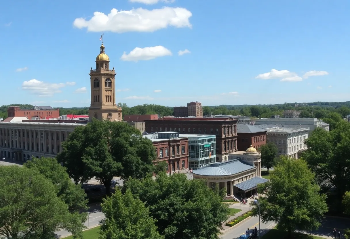 View of downtown Greenville SC with trees and historic buildings