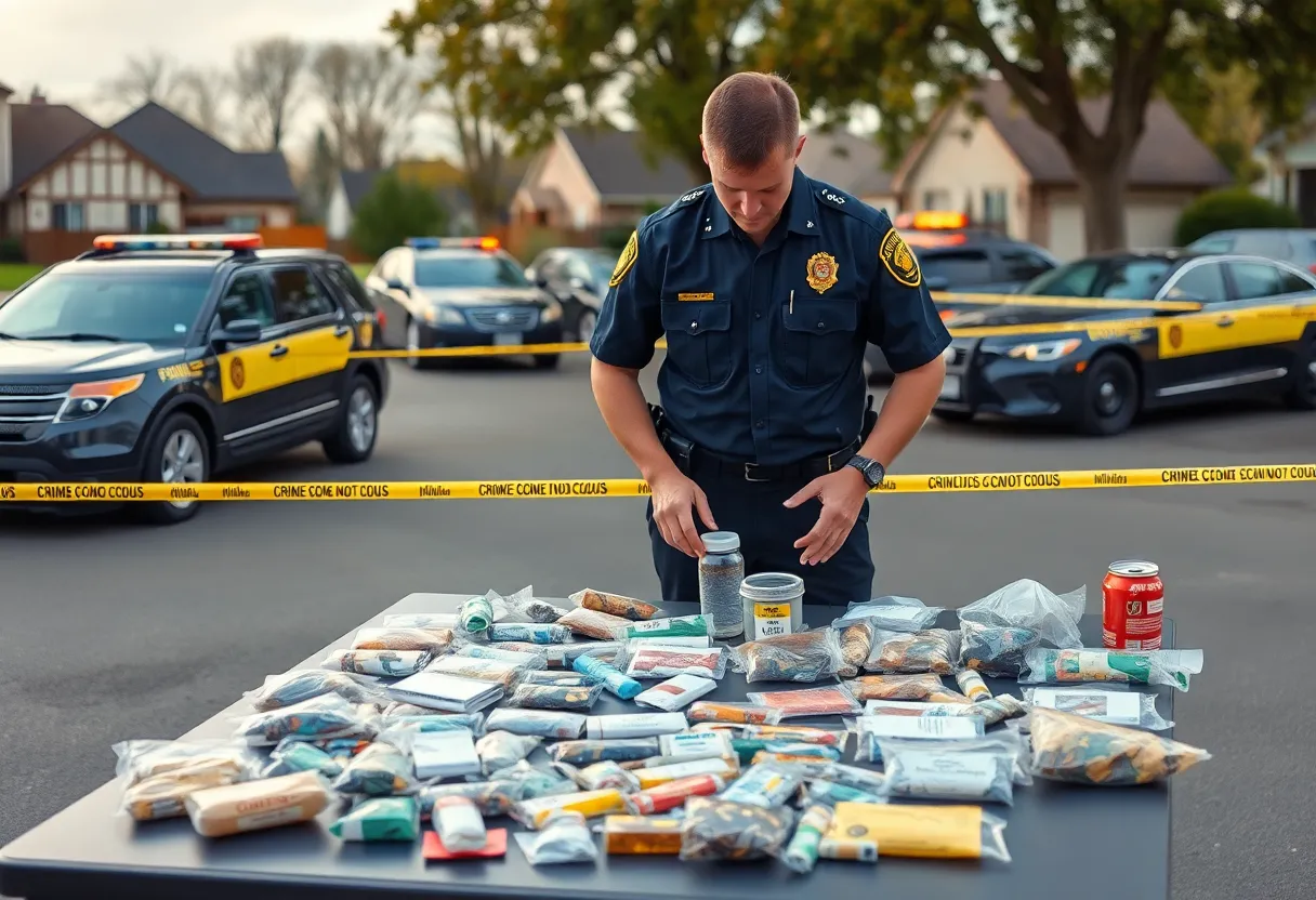 Police investigating a drug bust scene with narcotics on a table