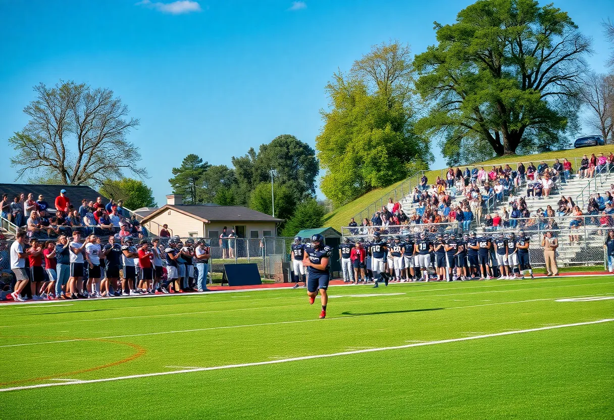 High school football players in action during a game in Greenville
