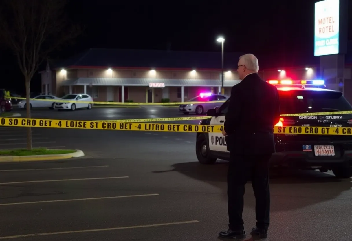 Crime scene at a motel parking lot with police presence