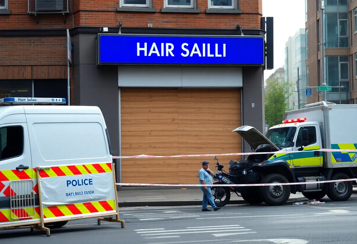 Boarded front of The Bombshell Lounge hair salon after truck crash