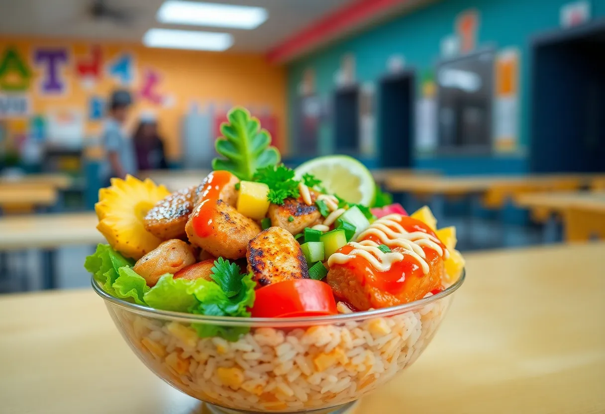 Hawaiian chicken poke bowl with fresh ingredients