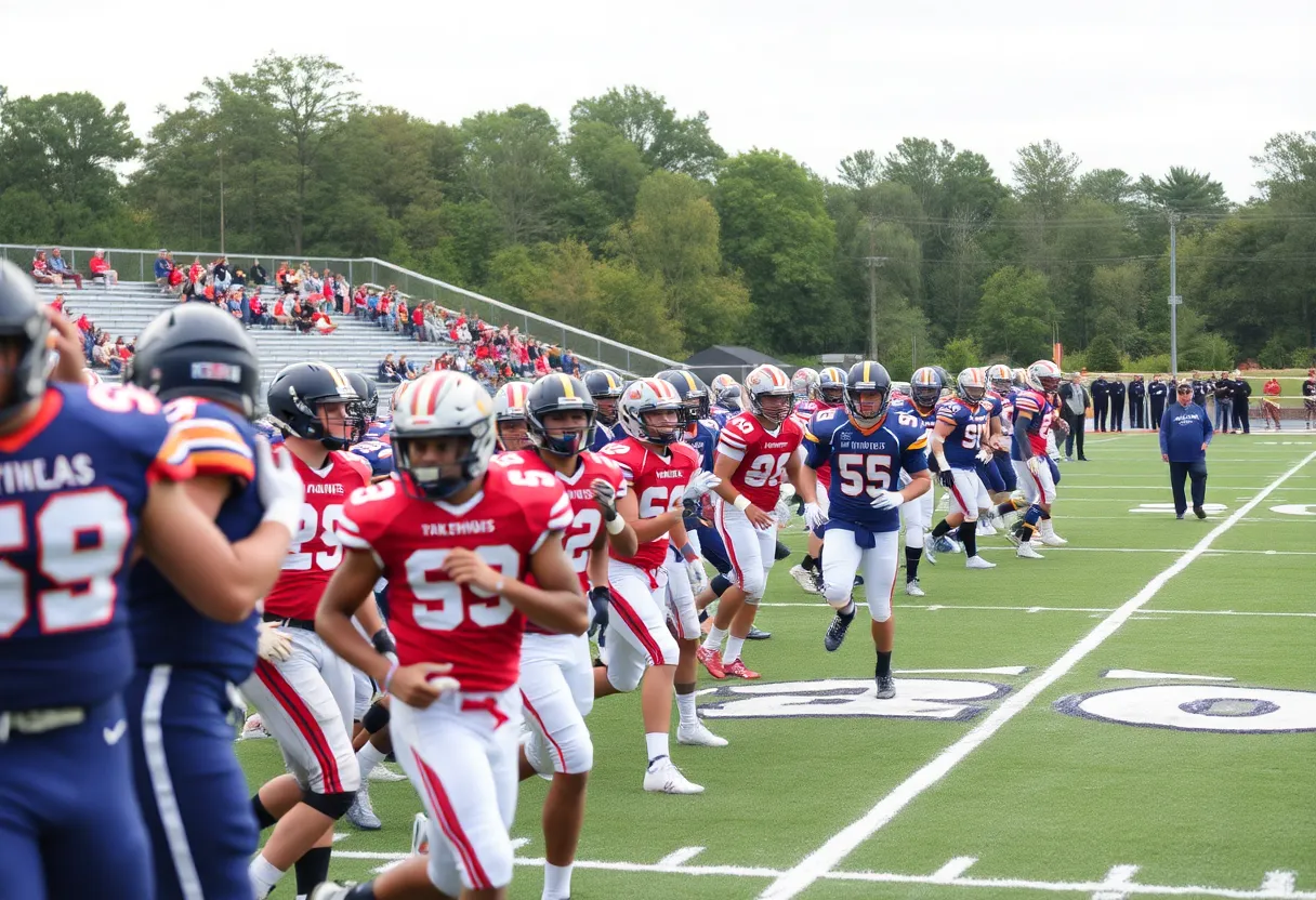 Football players engaged in a game on the field in Columbia, South Carolina.
