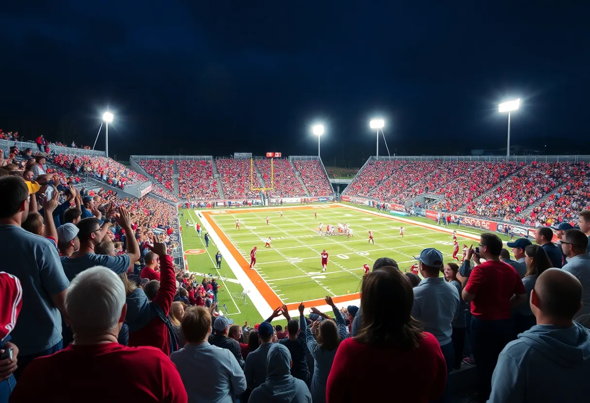 Fans cheering at a high school football game