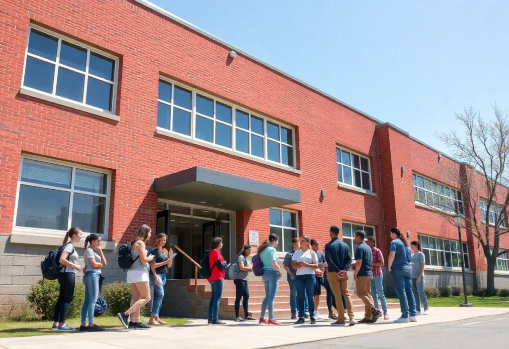 Students at J.L. Mann High School discussing outside the building