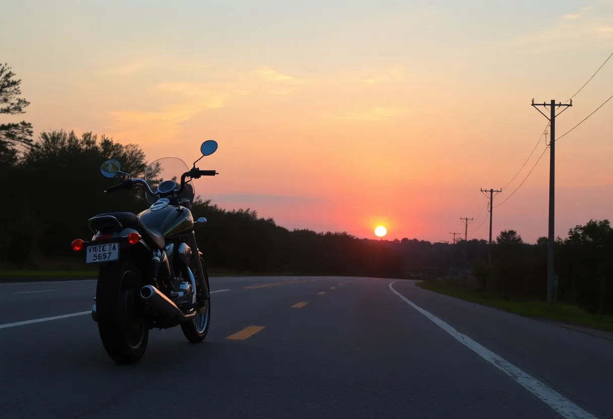 Motorcycle parked on a road with sunset in the background